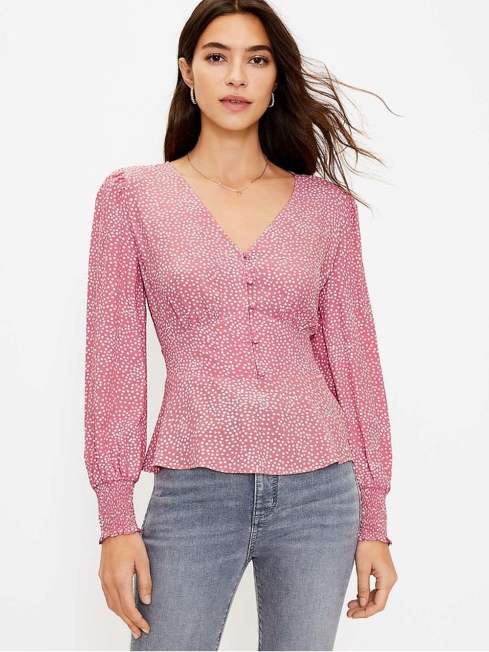 NWT LOFT V-Neck Spotted Fitted Sleeve Salmon Top